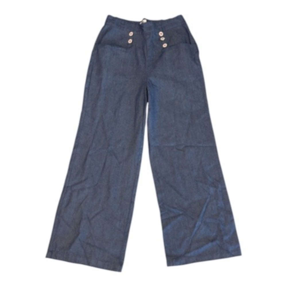 Unique Vintage Womens Blue Heart Button Sailor Wide Leg Pants Size L 10-12